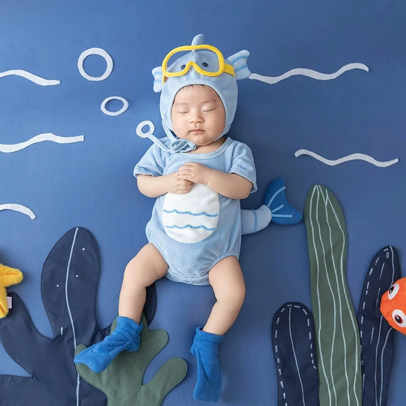 Accessori per Fotografia Neonatale, Sfondo Tema Mondo Sottomarino con Pesci e Conchiglie, Set Decorativo per Servizi Fotografici in Studio
