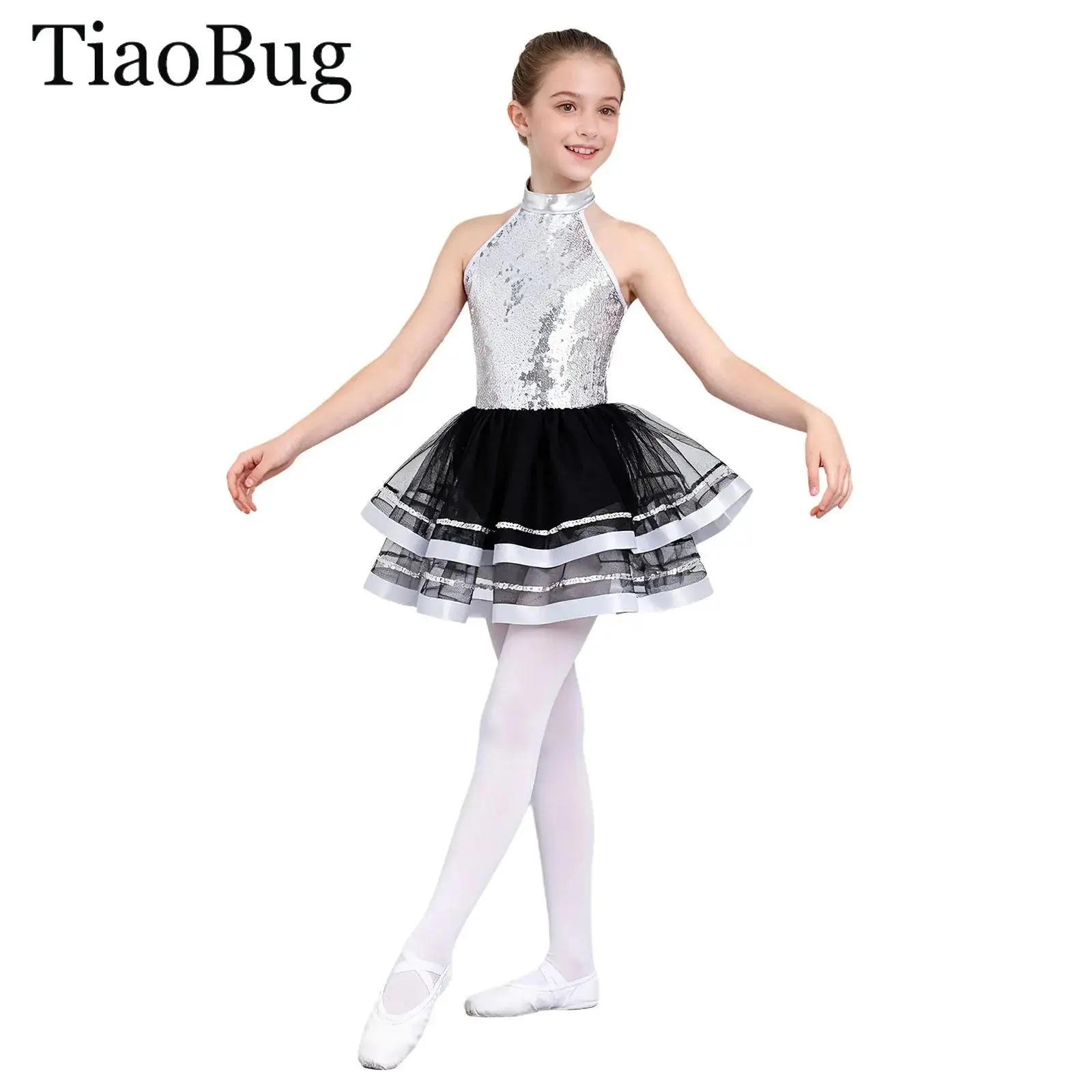 

Girls Halter Sequins Jazz Dance Dress Gymnastic Ballet Leotard Tulle Tutu Dress Modern Lyrical Latin Ballroom Stage Performance