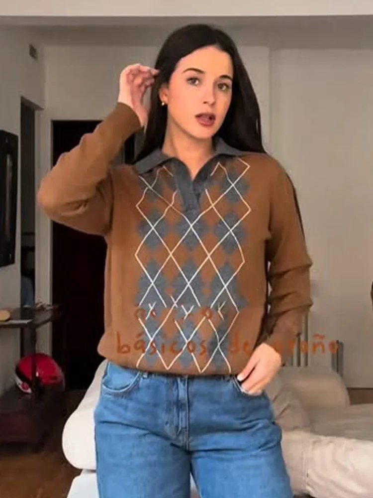 HH 2025 otoño Mujer moda cuello vuelto tejido diamante pulóver manga larga suéter suelto con botones Tops acogedores Mujer