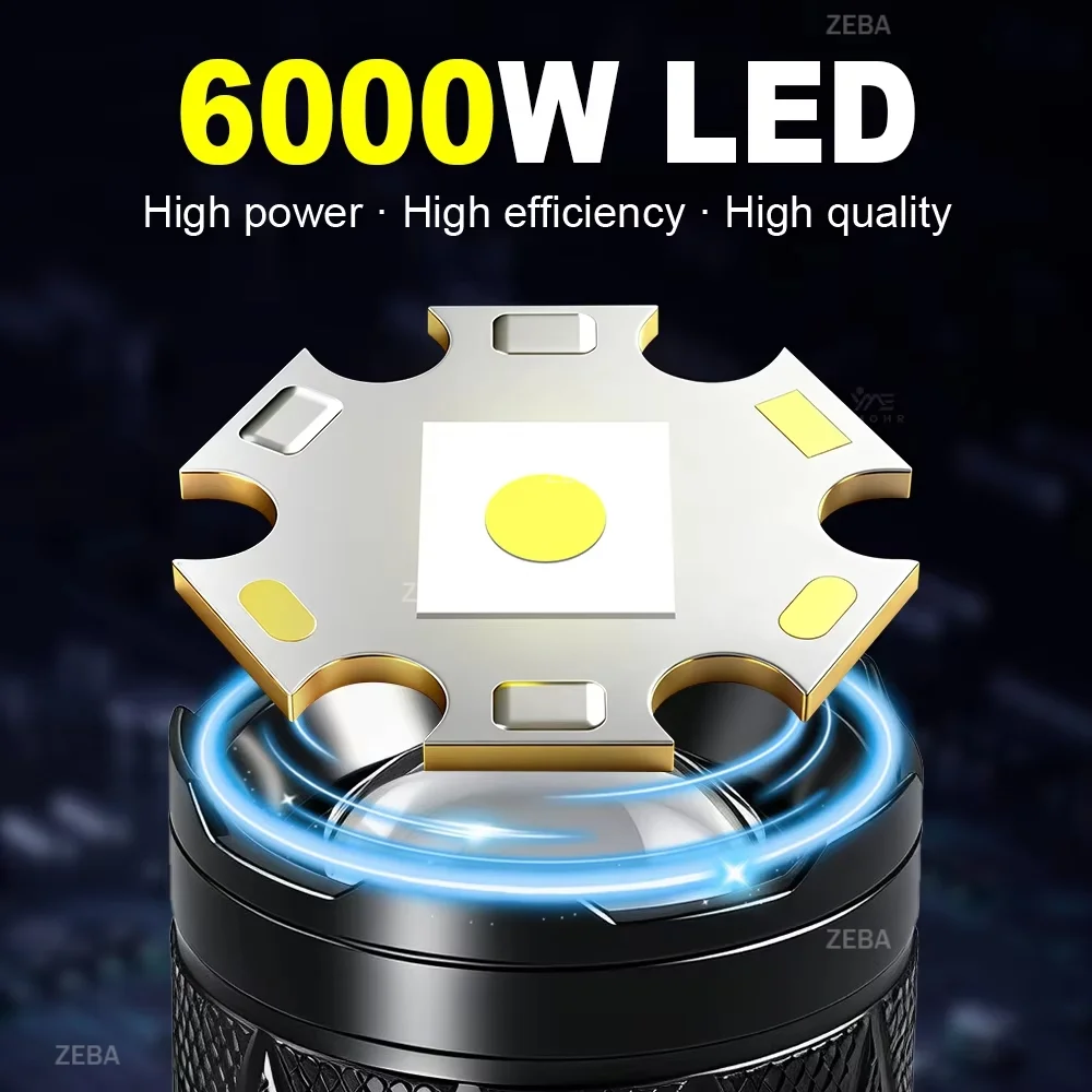 6000W LED Ultra Powerful Flashlight Long Range 10000M USB Rechargeable Tactical Torch Outdoor Fishing Hand Lamps Camping Lantern