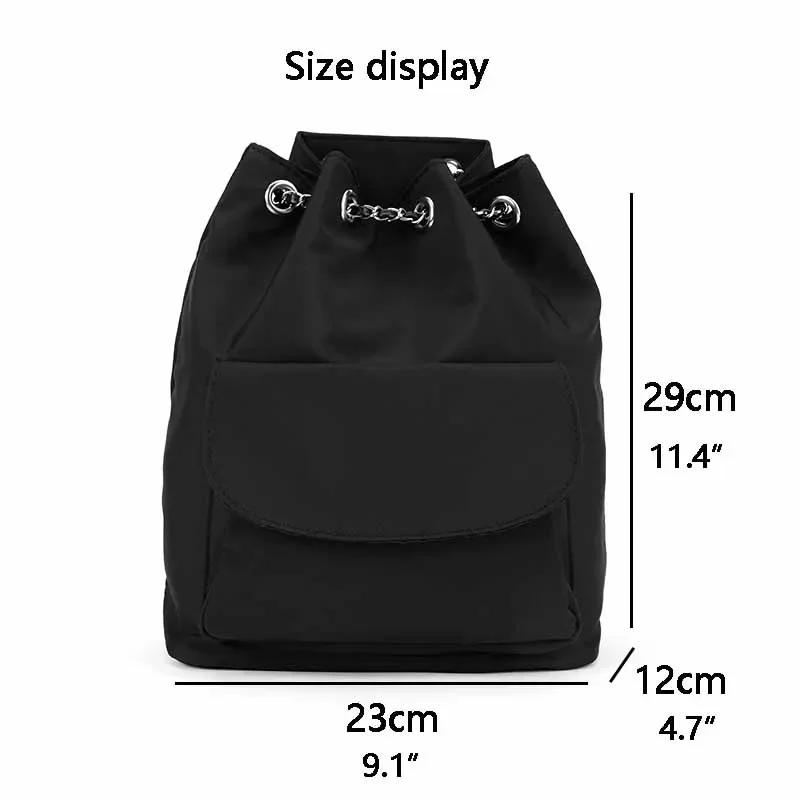 Zaino moda Design nero per donna primavera ed estate borse a secchiello a catena con coulisse da viaggio Casual ragazze zaini in Nylon