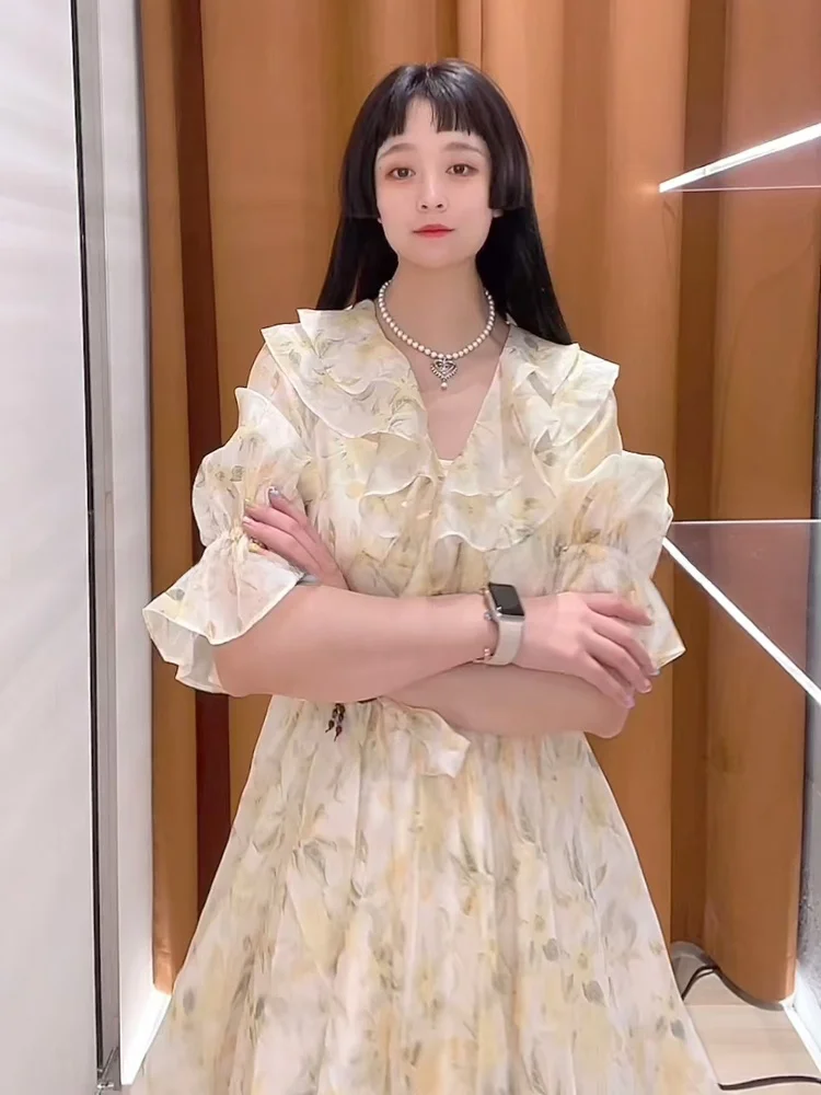 Ele Summer Tea Break V-Ne Puffy Sve Dr Women's New Print Waist-Cinching Long Dr High Waist A-Line Skirt