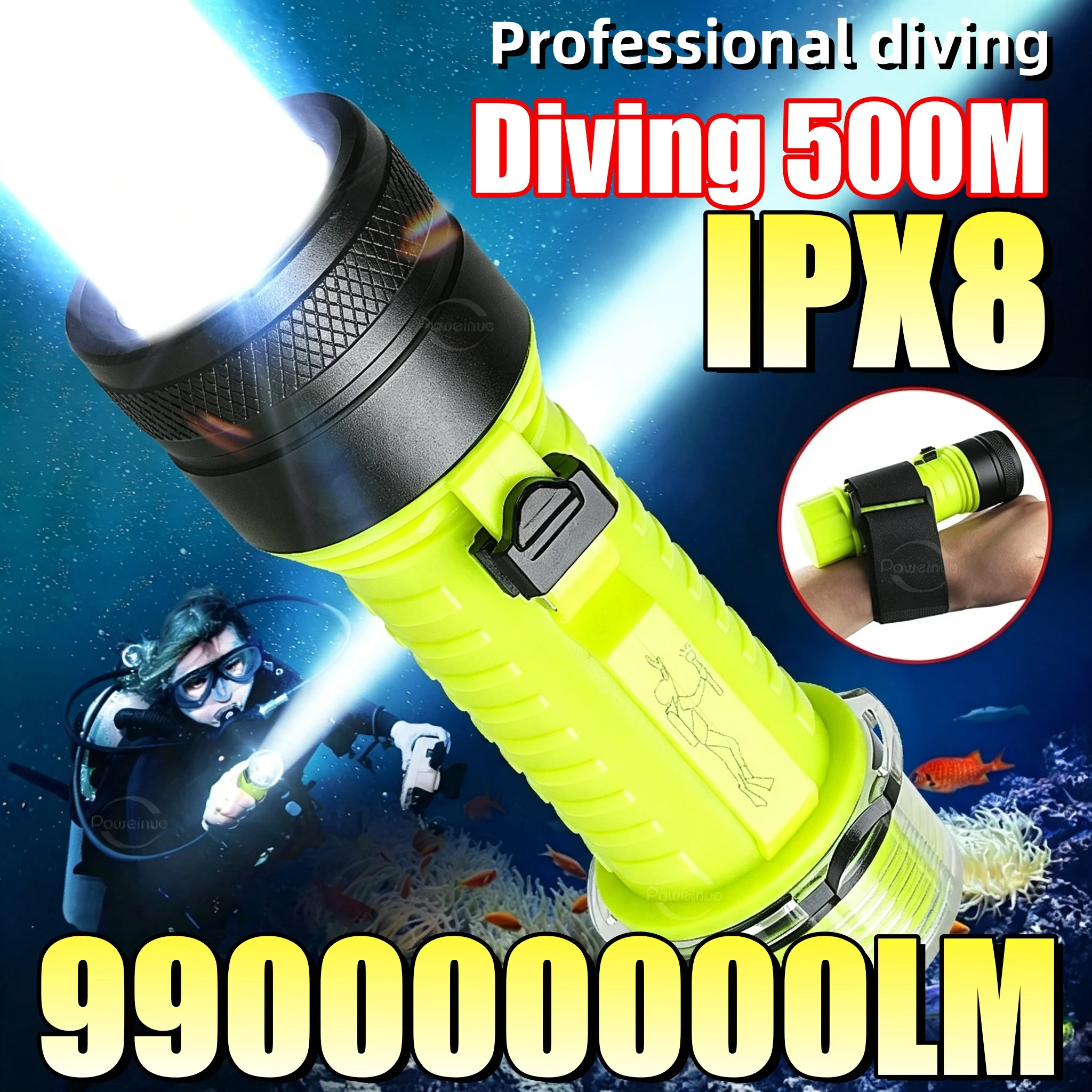 IPX8 Professional Diving Flashlight USB Rechargeable Underwater Dive Torch 500M Waterproof LED Scuba Diving Snorkeling Light