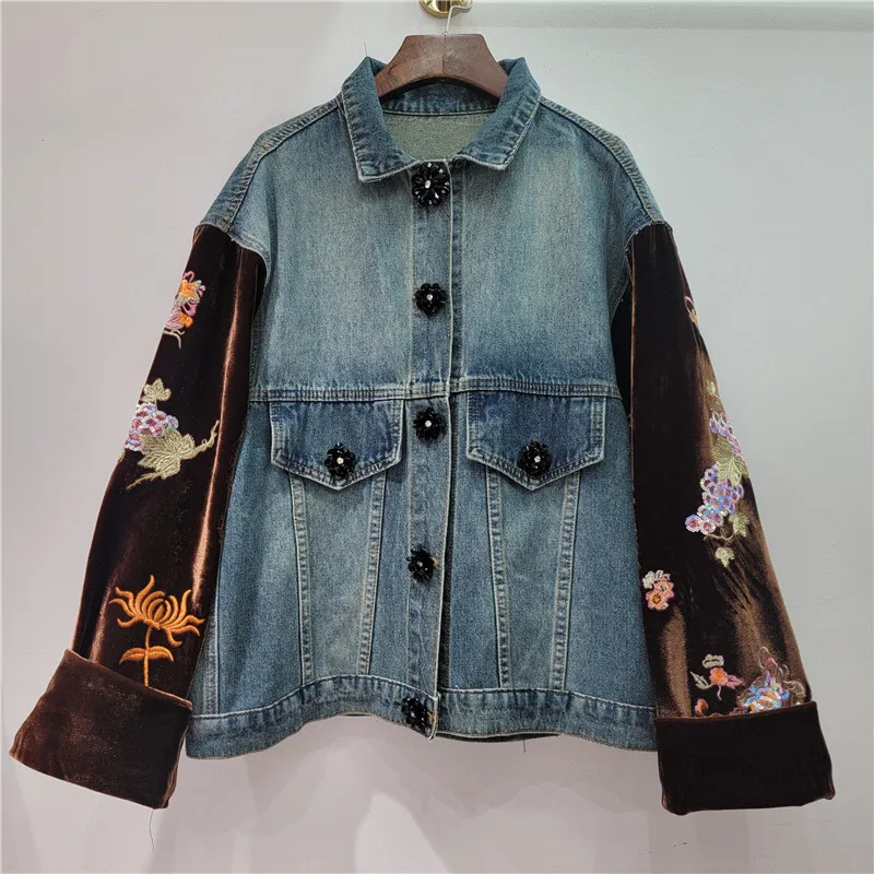 

Vintage Flower Embroidery Velvet Long Sleeve Patchwork Denim Jacket Women Loose Casual Spring Autumn New Blue Jeans Jacket Coat