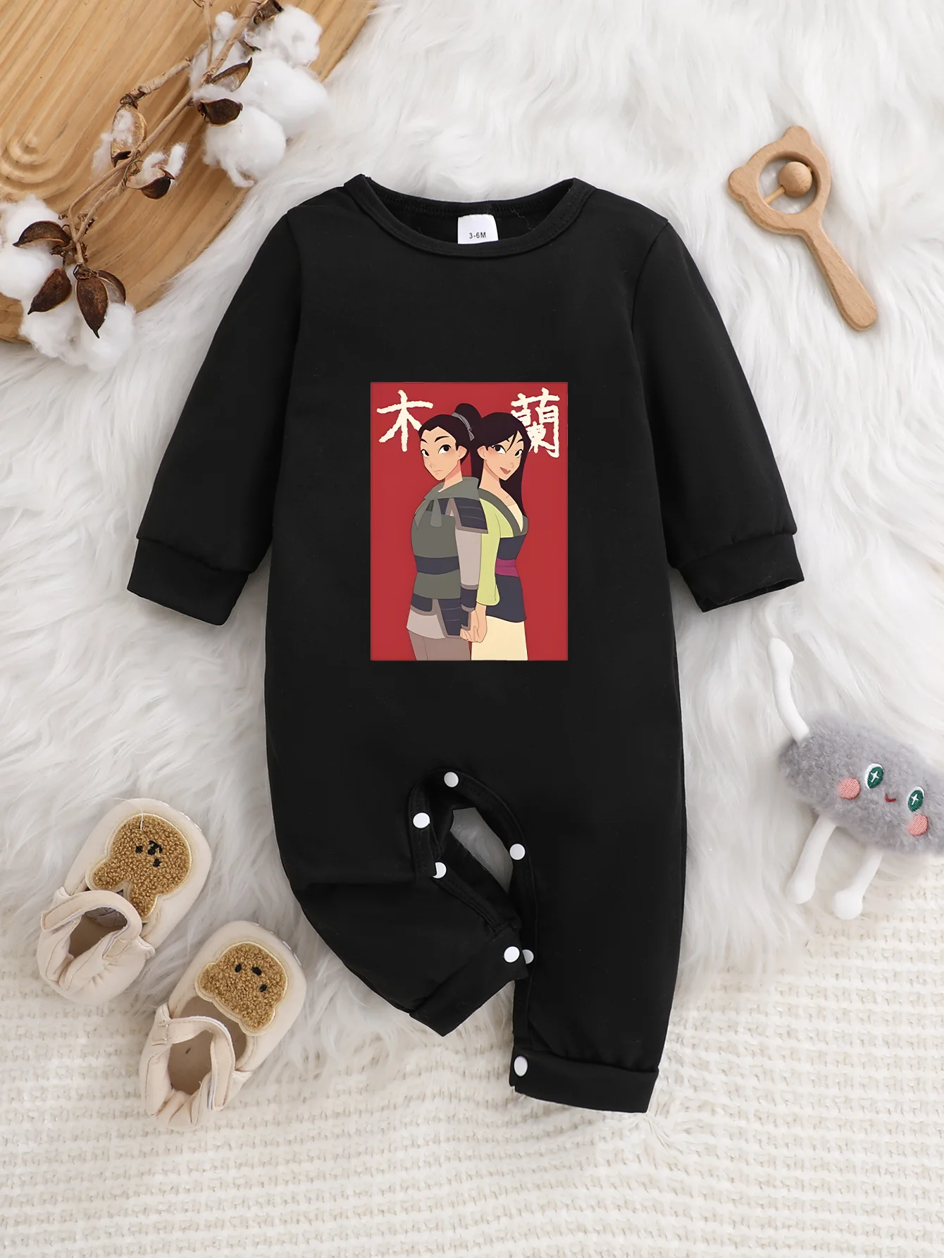 

【Officially Licensed】 Disney Mulan Baby Long-Sleeve Romper: "Two Sides of Mulan" Red Portrait Print, Soft Comfortable Fabric