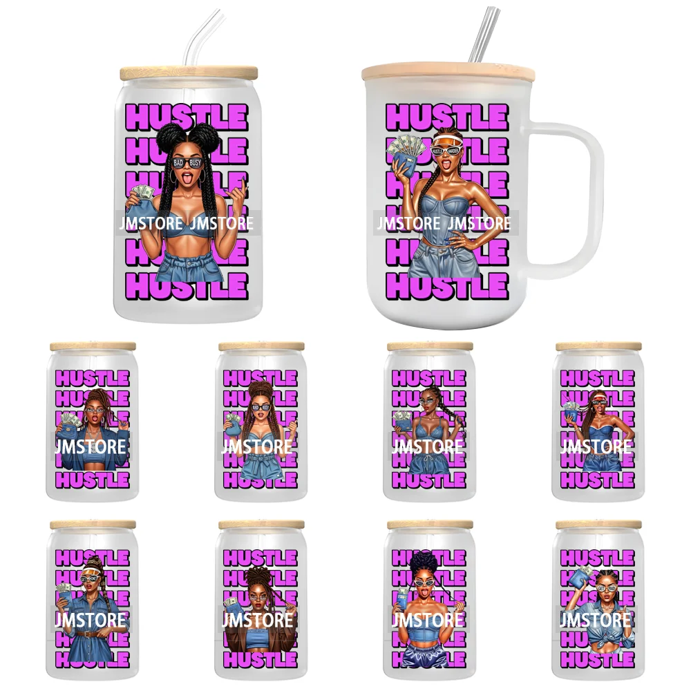 Hustle Hard Queen Afro Girl UV DTF Transfer Stickers Decals Ready To Apply Waterproof For 16OZ Libbey Glass Can Cups Tumbler