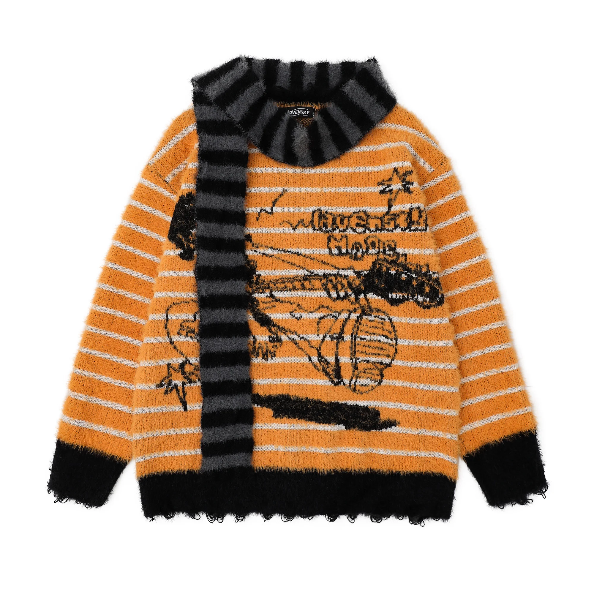 

Полосатый вязаный свитер с кисточками и мультяшным принтом и шарфом, зимняя уличная одежда большого размера, винтажный пуловер унисекс Y2k, свитер