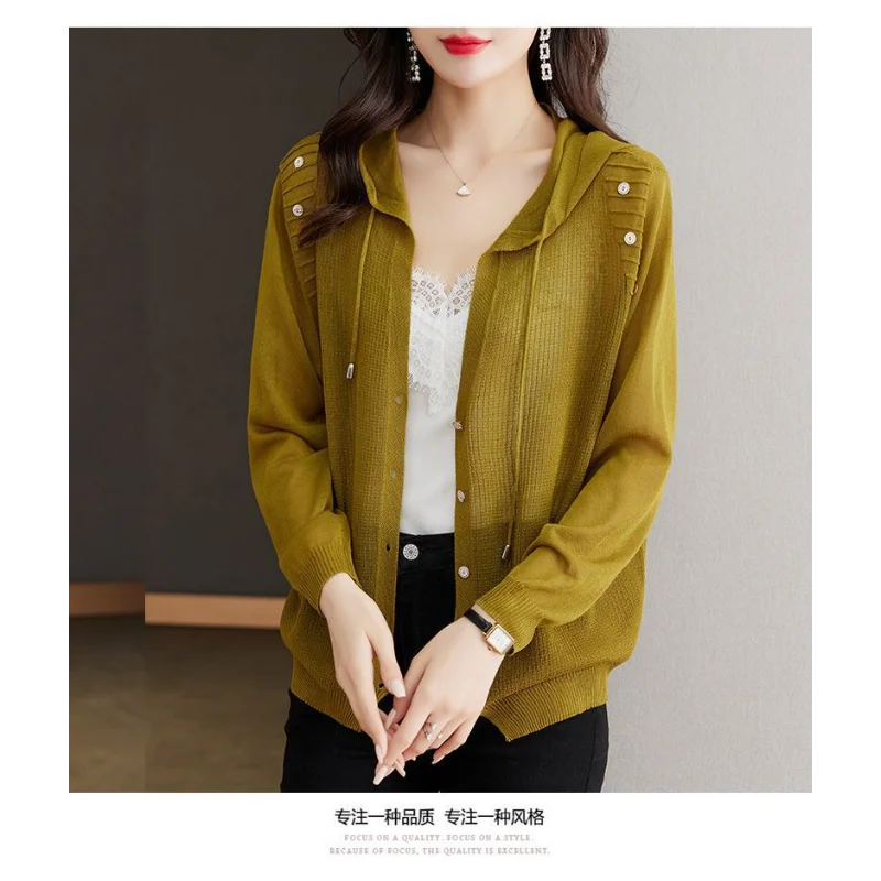 Women Hooded Button Mesh Knit Cardigan Thin Ice Silk Sun Protection Outerwear