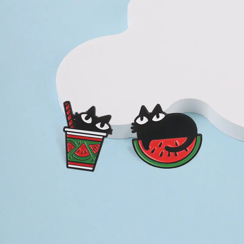 Creative Black Kitten Cat Lying On Watermelon Pins Brooch Cartoon Bubble Tea Fruit Juice Enamel Lapel Pin Accessory Collar Bag