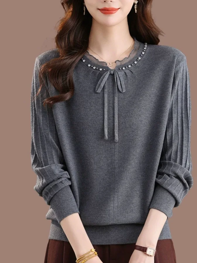 

Faionable Lace Knitted Sweater Women's Autumn Winter Mom's Belted Woolen Knitwear Soft Rabbit Fur Blend Long Sve Crew Ne