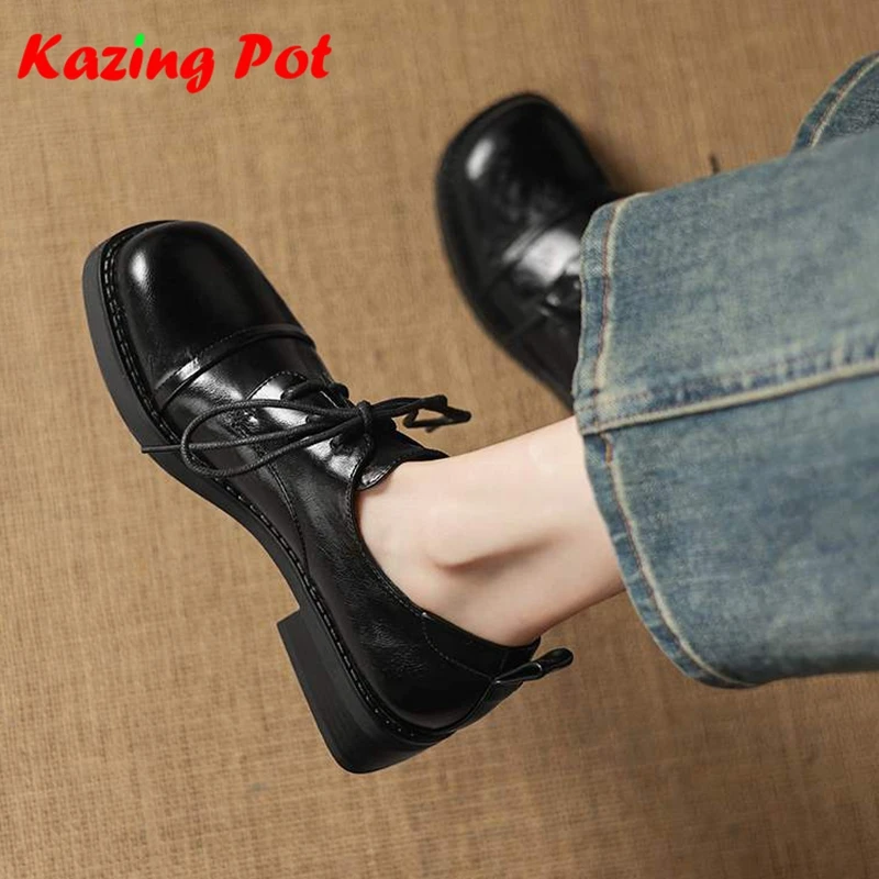 Krazing Pot Microfiber Fashion Round Toe Chunky Heels Spring Autumn Lace Up Plus Size 43 Preppy Style Chic Women Oxford Shoes