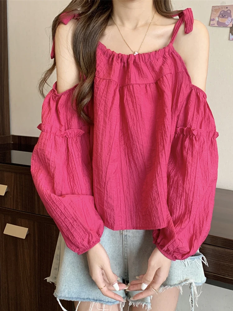 قميص شيفون أنيق بأكمام فقاعية للنساء، قميص قصير الطول للحماية من الشمس، تصميم فريد من نوعه، أكمام طويلة، حزام على الكتف، قميص...