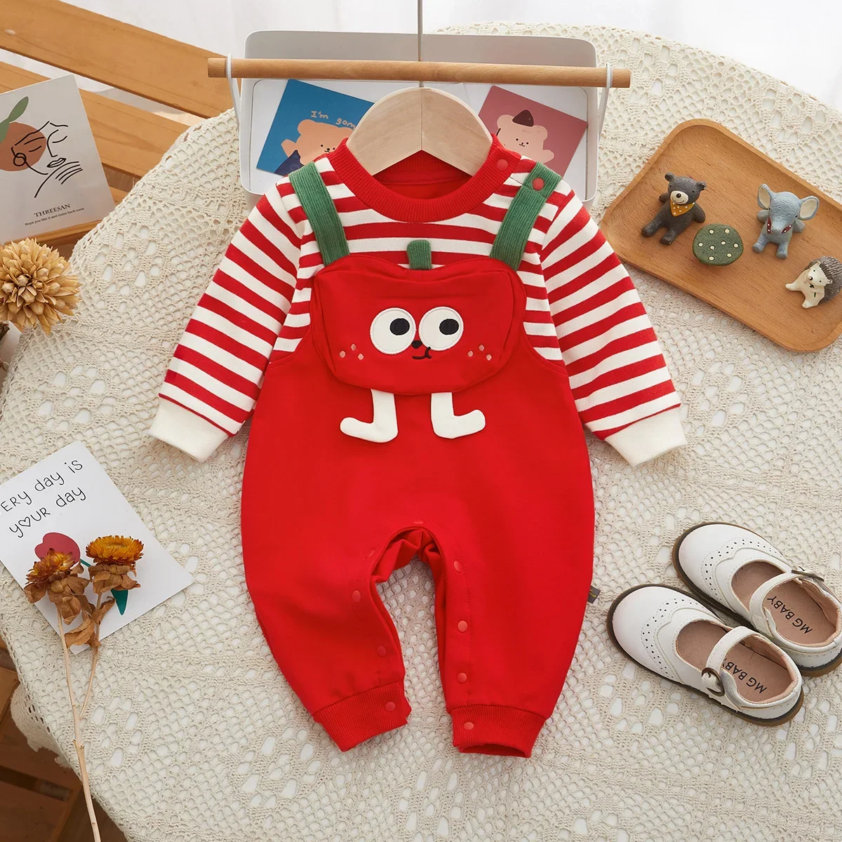 

Baby jumpsuit striped red fruit newborn clothes kids wear infant romper