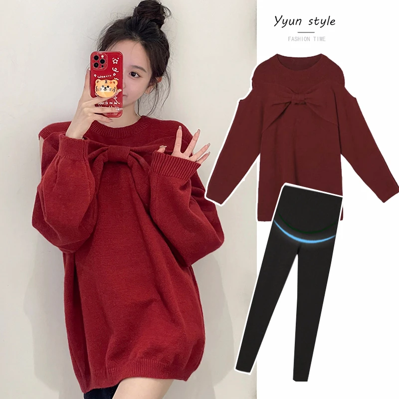 

Korean Style Red Sweater for Maternity Winter Plus Size Pregnant Women's Knitwear Long Loose Casual Pregnancy Maternity Pullover