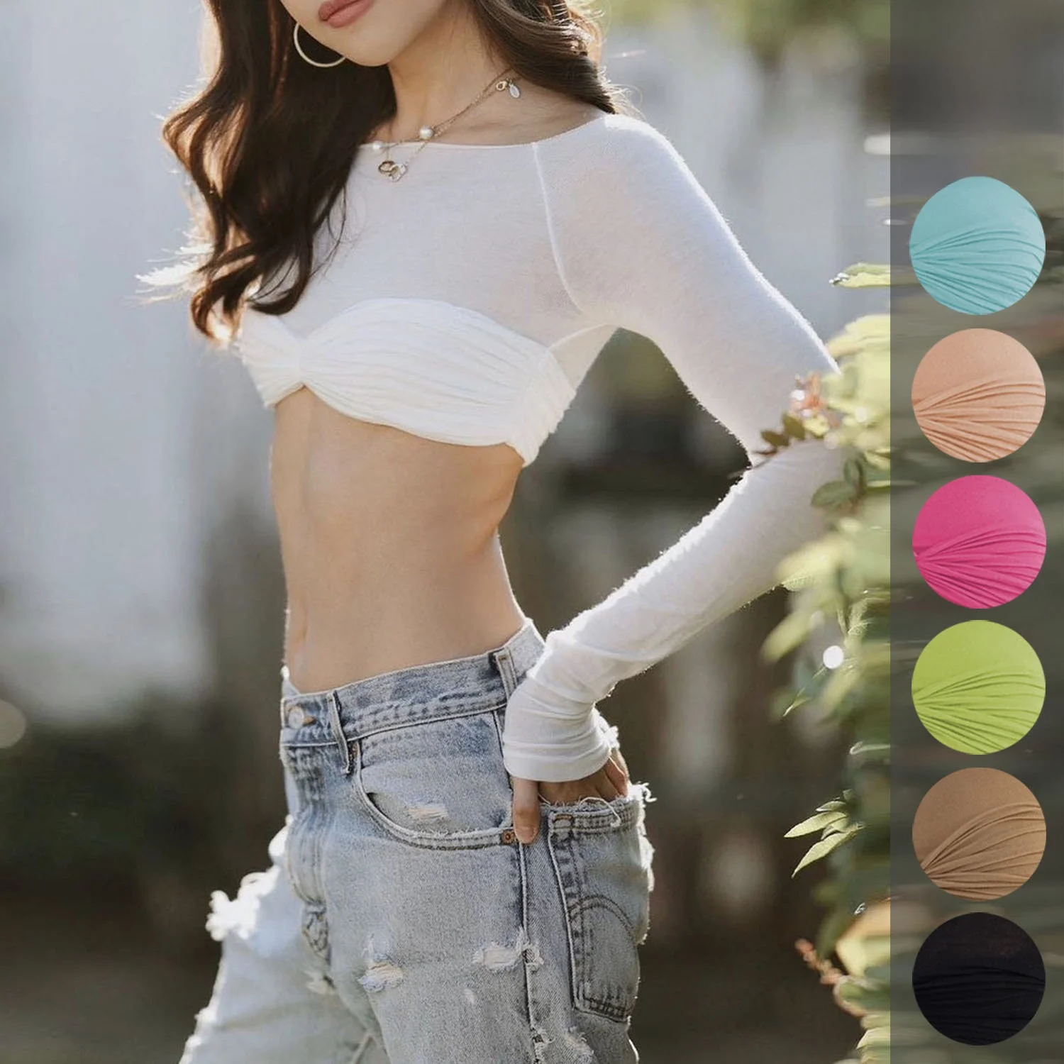 Spring Summer Women's Fashion See-through One-Shoulder Wrap Chest Short Top Slim Fit Long Sleeve T-shirt European Style
