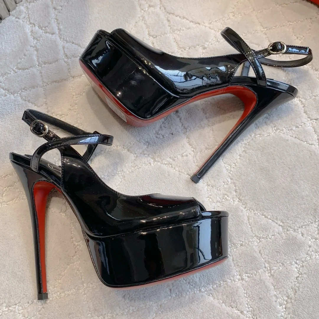 

High Heavy Industry Red Bottom High Heels Sandals Leather Small Leather Lining Sheepskin Foot Pads Height 14cm Platform 5cm Lady