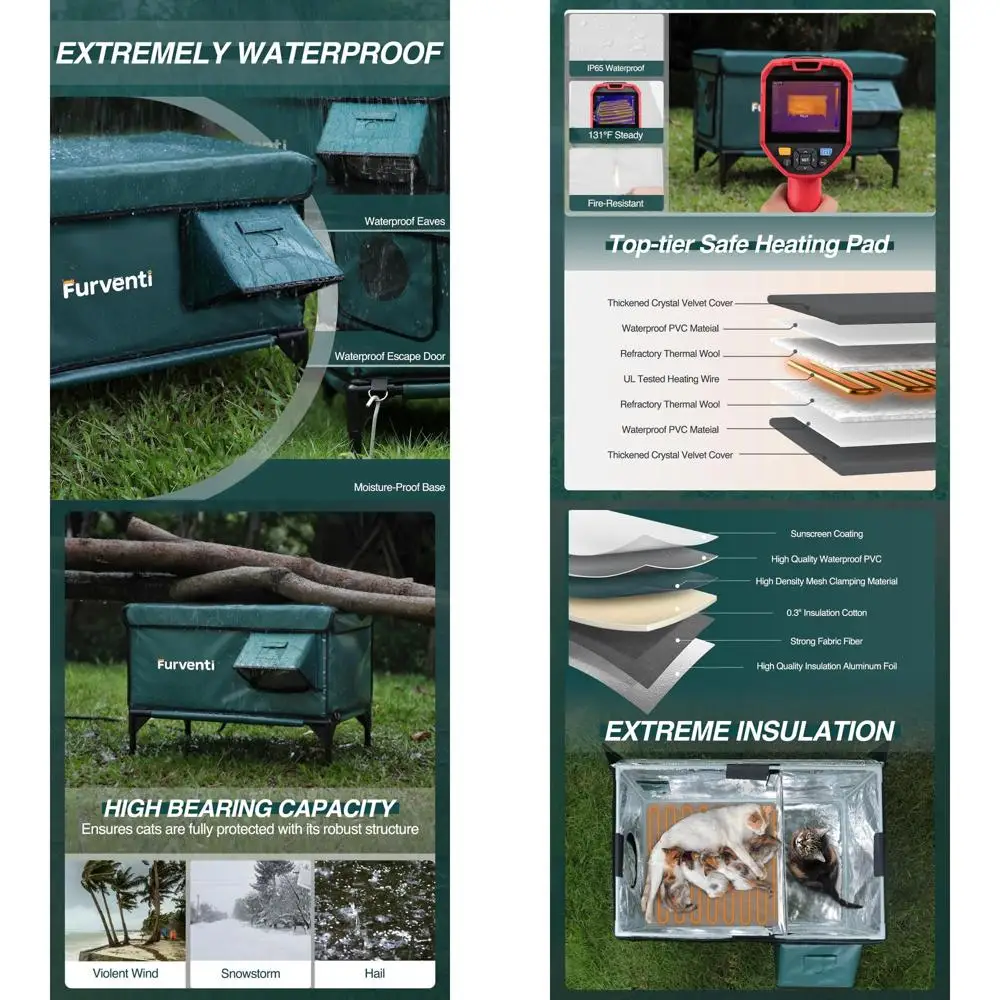 

Insulated Outdoor Cat Shelter, Weatherproof Elevated Home for Stray Cats with Waterproof Eaves and Escape Door (Dark Green, Larg