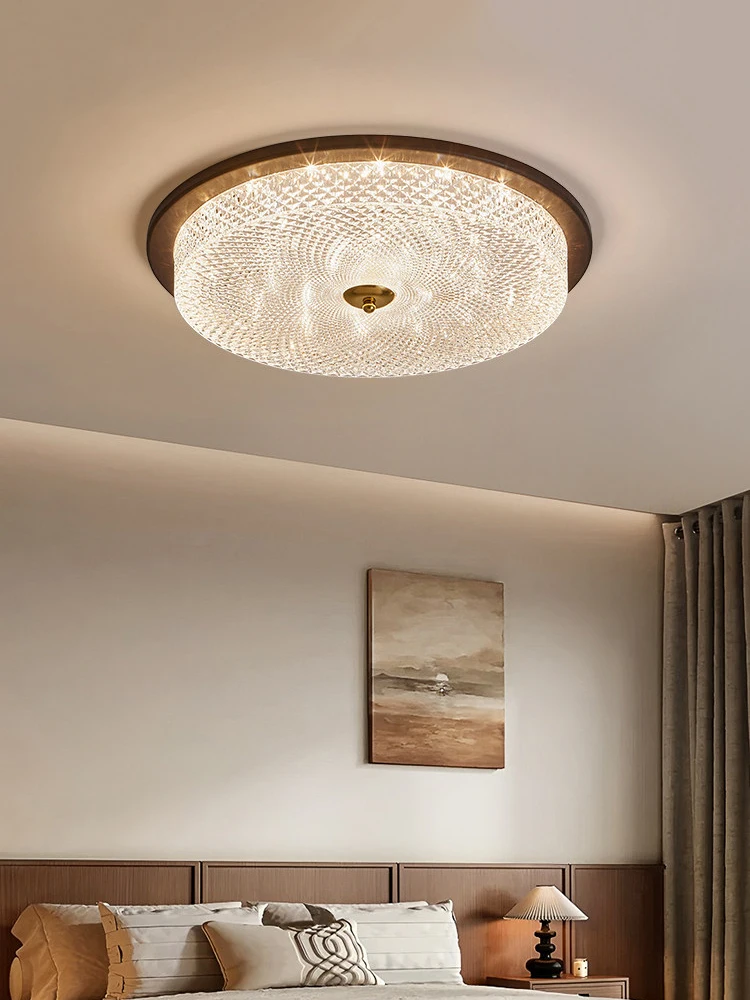 Textured Diamond Pattern Acrylic Ceiling Lamp Walnut Wood Trim Gold Center Detail Flush Mount Lamp For Bedroom Living Room Decor