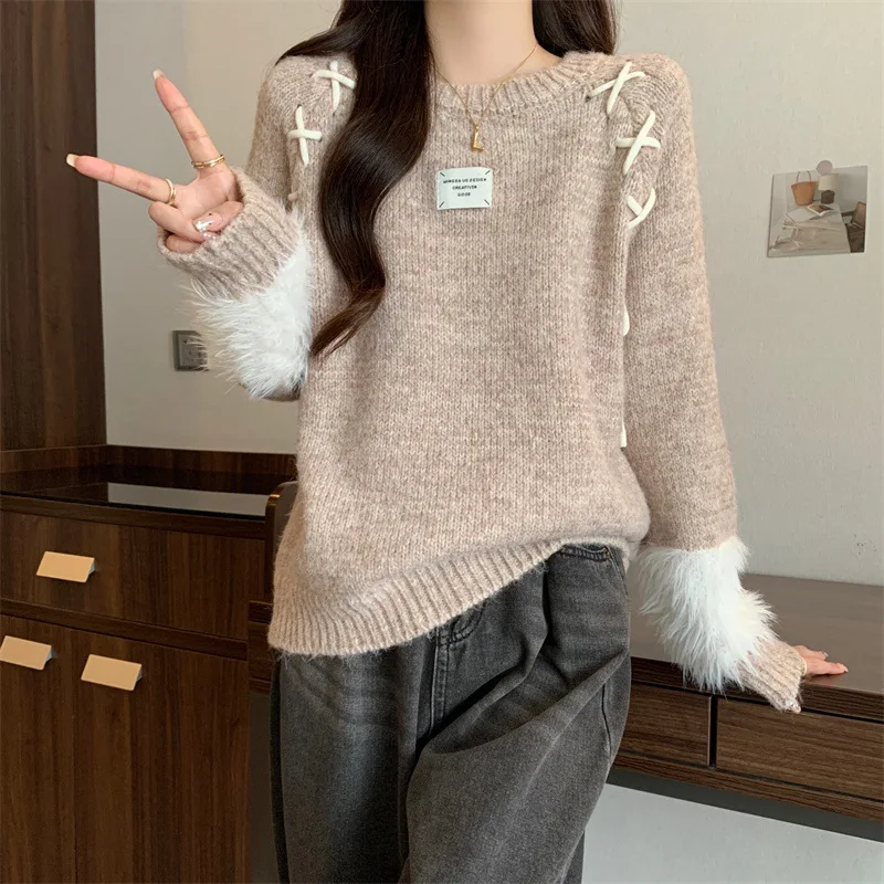 2024 Winter New Women's Sweater Fashion Design Plush Cuffs Knitted Sweater for Women