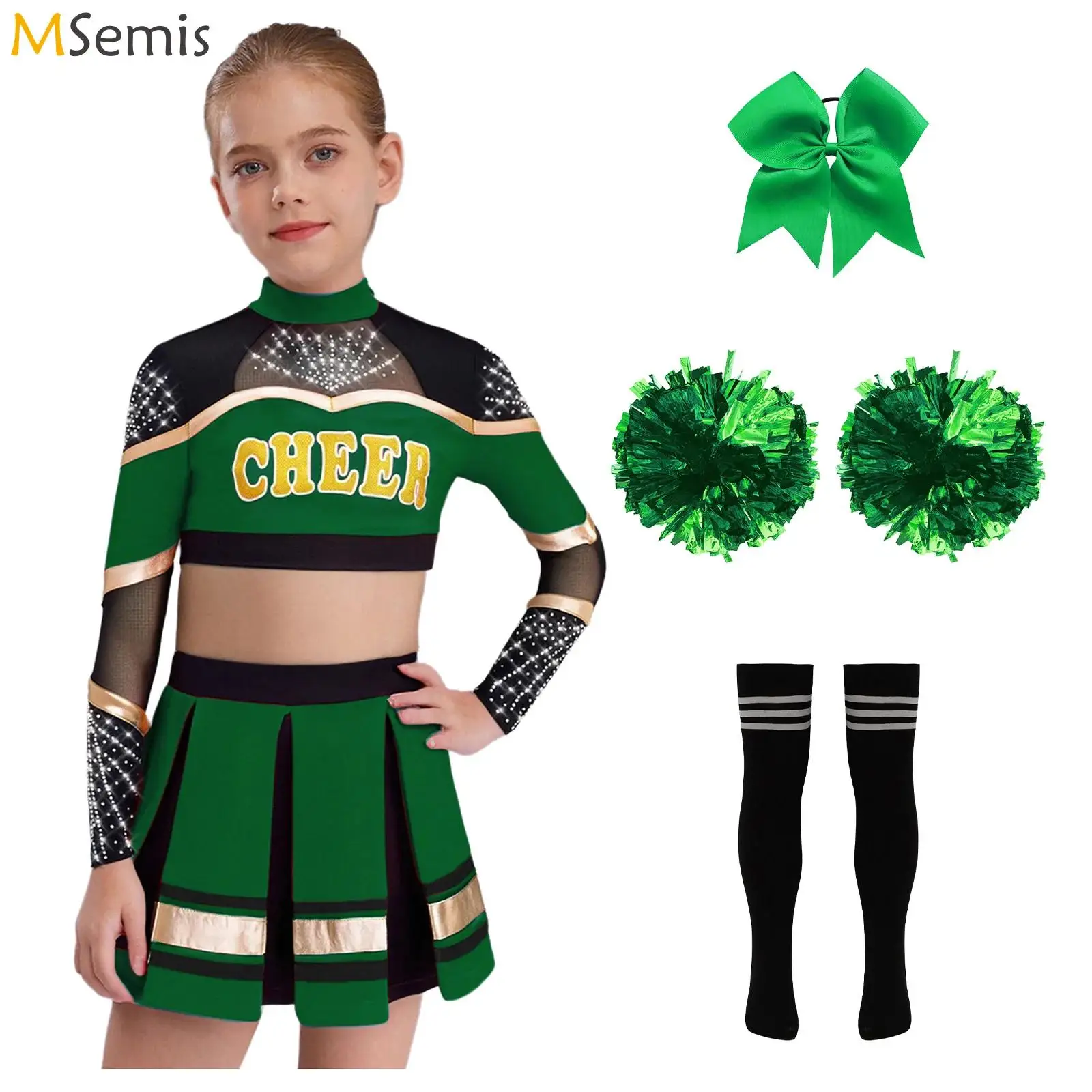 

Kids Girls Cheerleading Uniform Dance Outfits Cheerleader Costume Long Sleeve Sheer Mesh Rhinestones Crop Top with Pleated Skirt