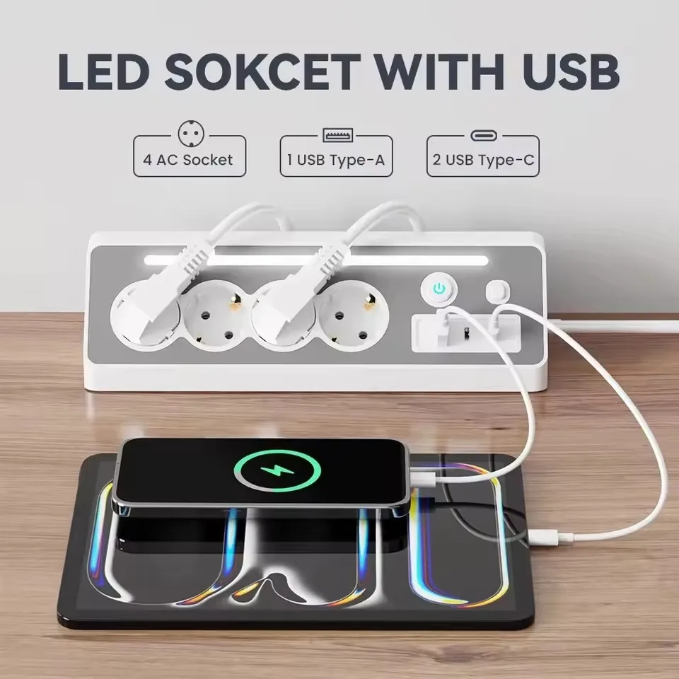 EU AC Plug Power Strip Desk Sockets,1 USB,2 Type-C , 4 AC,1.5M Cable with LED Light European Standard Switch Socket