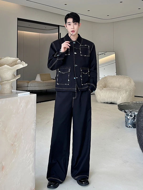  Handmade Gemstone Jaet Set for Men with Collar Design Loose Fit Two-Piece Faionable Autumn Collection