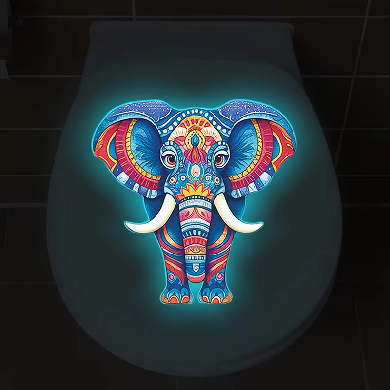 Glow-in-the-Dark Colored Totem Elephant Toilet Sticker Self-Adhesive Removable Wall Decal Home Bathroom Living Room Decor