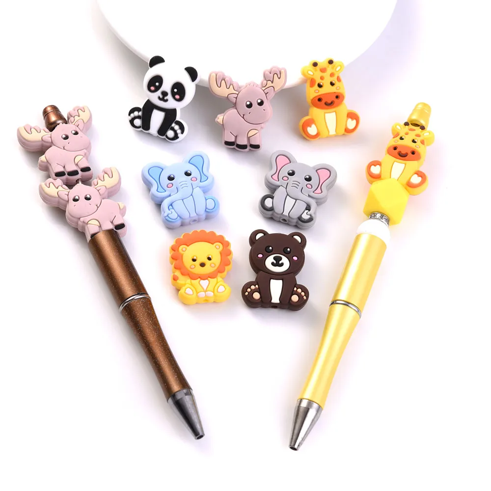 10Pcs Cute Cartoon Animal Silicone Beads Elephants Bears Calves Lions Pandas Diy Material for Making Bracelet Keychain Charms