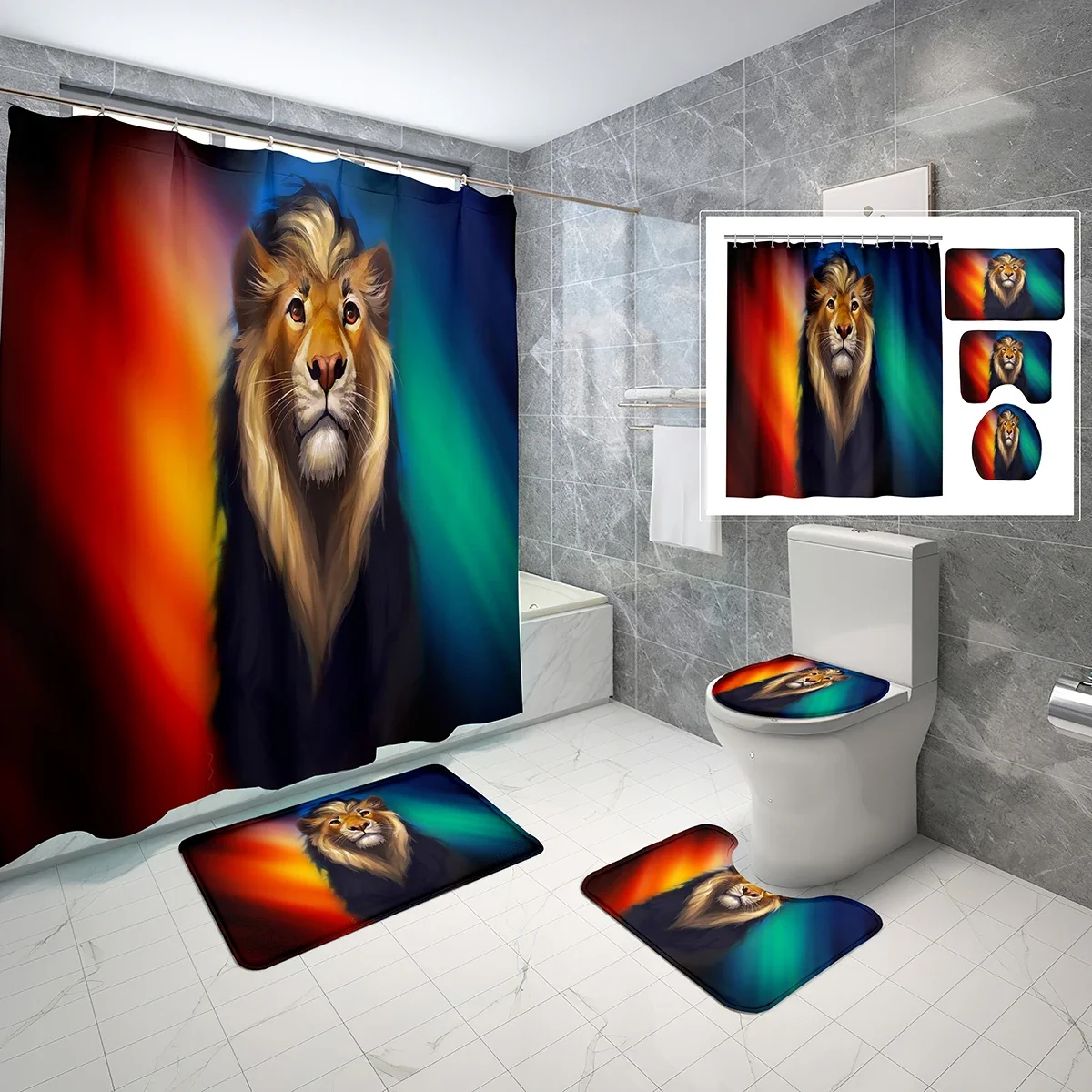 4 PCS Fantasy Lion Shower Curtain Sets,Art Colorful Animals Bathroom Waterproof Bath Curtain,Non-Slip Bath Mat Toilet Cover Set