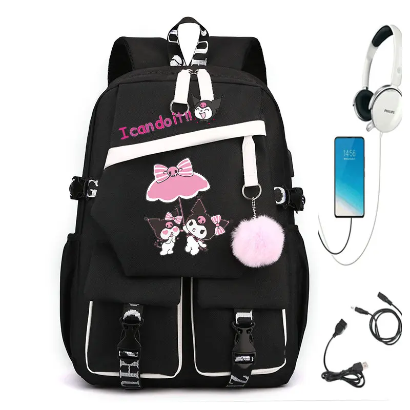 MINISO Backpack Lovely Kuromi Student School Backpack USB Charge School Bag Teenager Girls Boys Children's Backpack