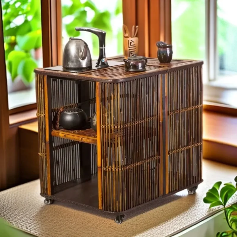 Bamboo Tea Cabinet with Induction Cooker Shelf for Teapot Display Storage Unit Modern Tea Space Furniture Design for Home