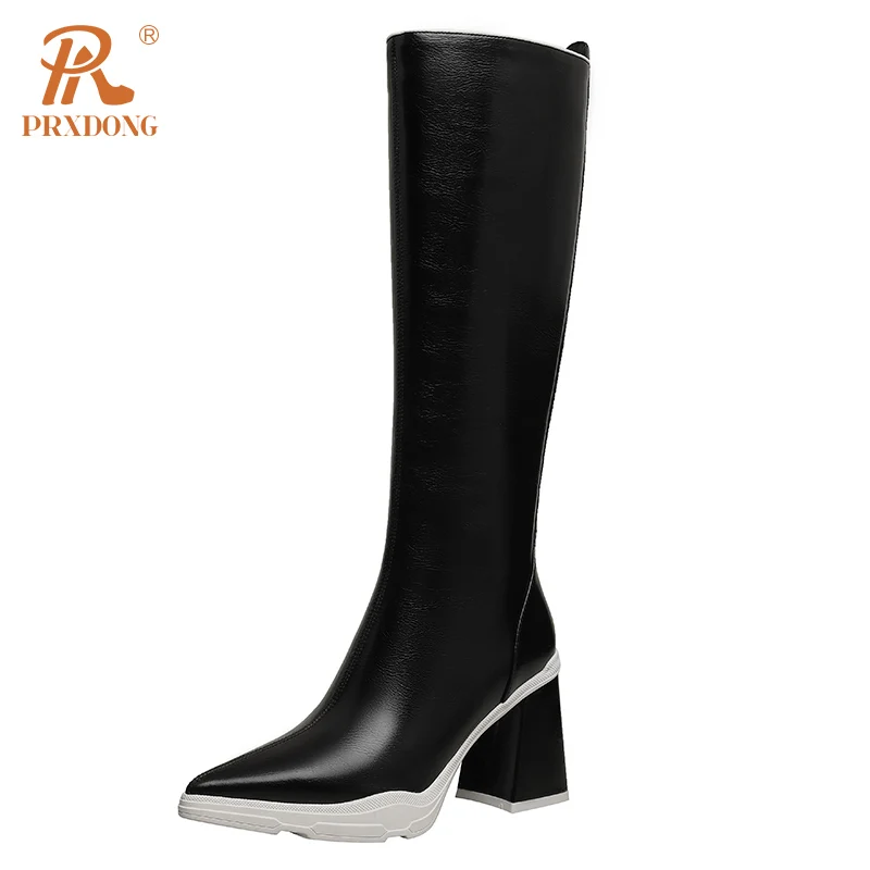 

PRXDONG Genuine Leather Shoes Woman Knee High Boots Square High Heels Pointed toe Black Brown Zipper Dress Party Autumn Winter 7
