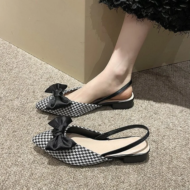 Bow Sandals Women 2024 Summer Pointed Low Heel Sandals Women Fashion Baotou Thin Strap Sandals High Heels Sandalias De Mujer