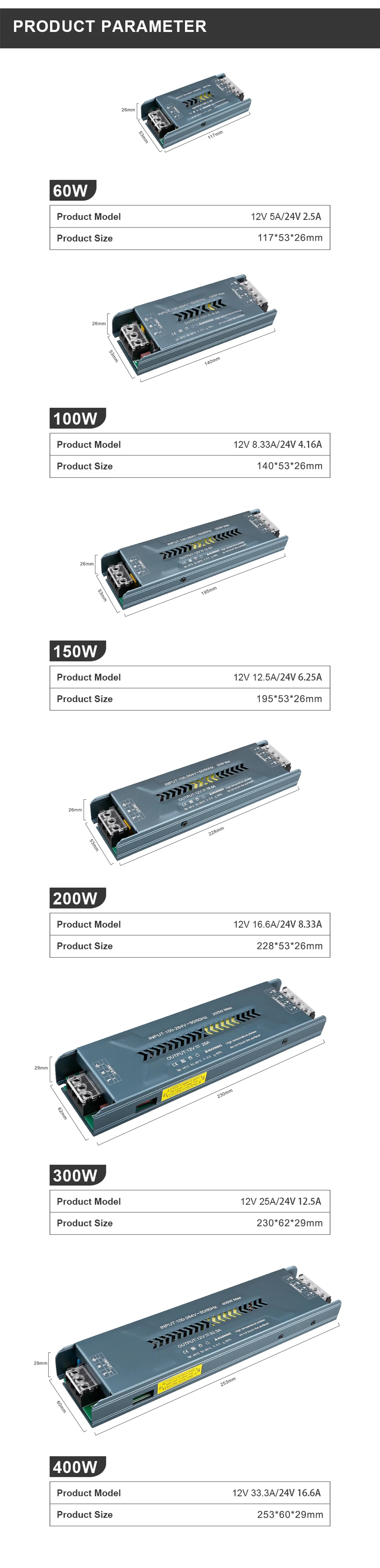 Ultradünnes Netzteil AC100-240V zu DC12V 24V LED-Beleuchtungstransformatoren 60W 100W 150W 200W 300W 400W LED-Treiber für LED-Streifen – Detail 7