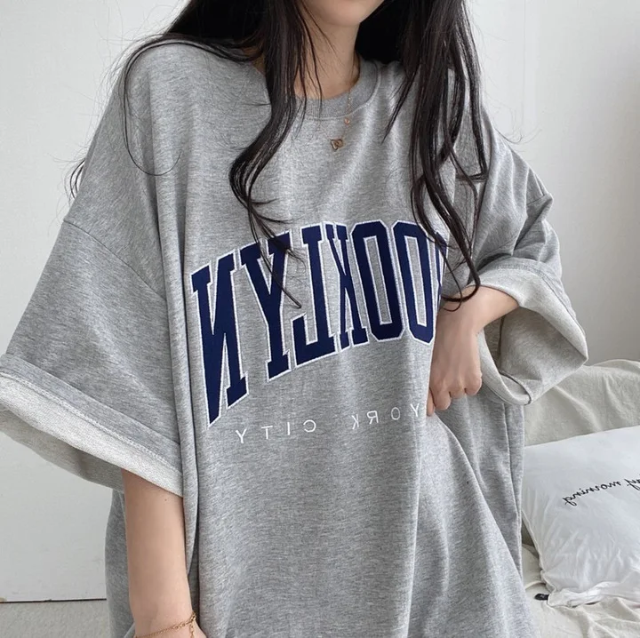 Hip Hop Short Sleeve Korea O Neck Oversized Cotton Summer Women Harajuku Letter Print Sweatshirts Gray Vintage Loose Fleece Tops