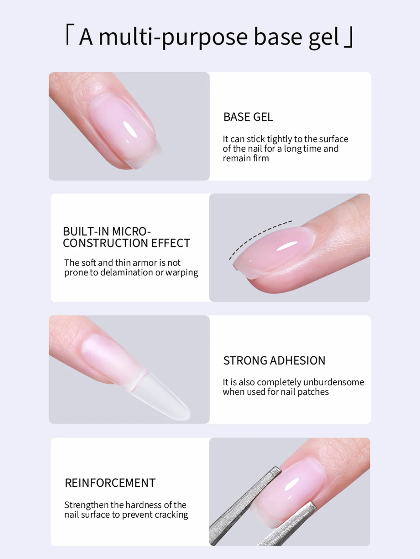 Four-in-One Gel Base Coat, 1Pcs 20g Base Gel Nail Polish Upgraded Formula Long-Lasting Soak Off U V LED Lamp Needed