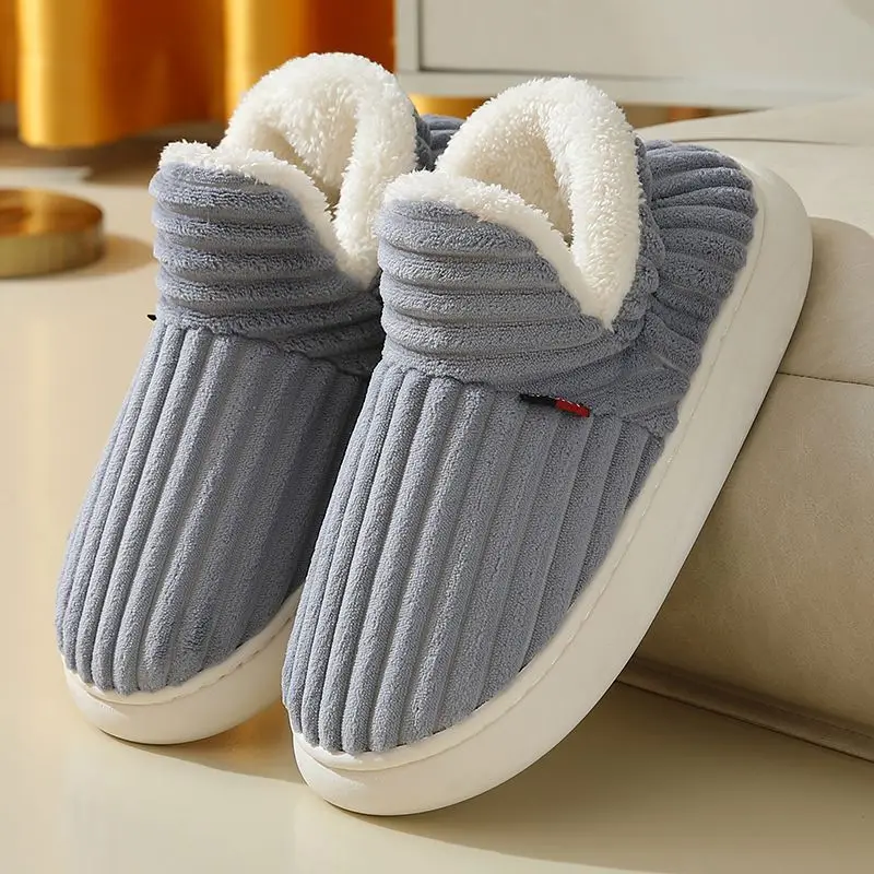 2023 New Cotton Slippers Men Winter Warm Plush Home Slippers Wrap Heel Male Thick Sole Non-slip House Furry Floor Shoes Couple