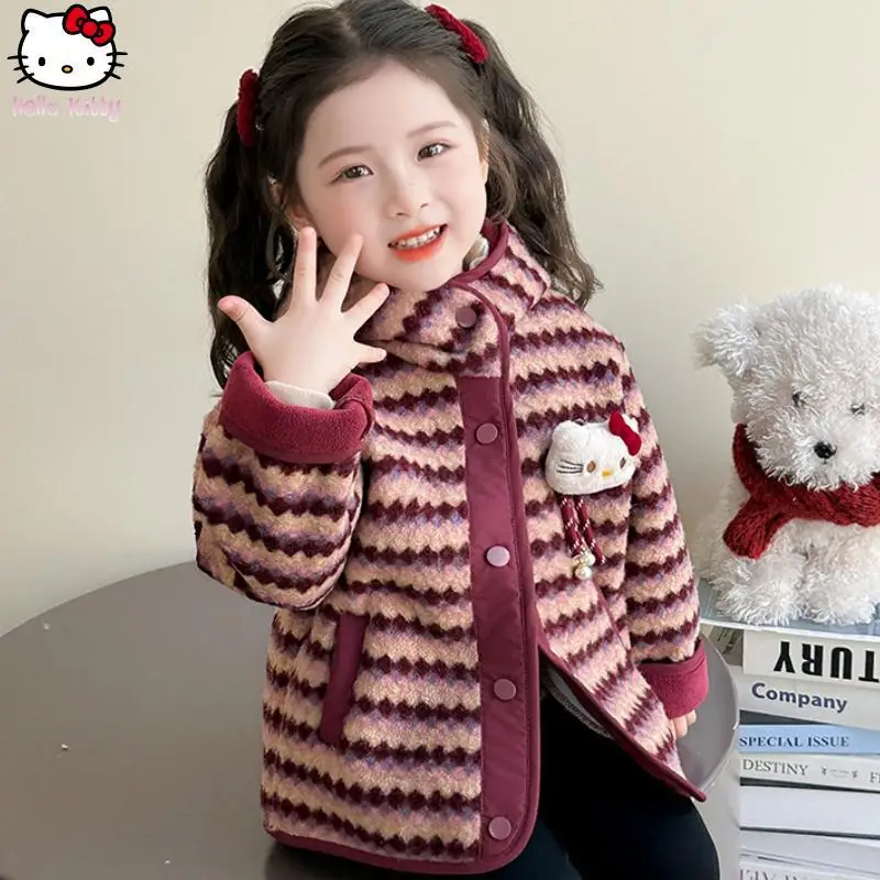Girls Kawaii Cat Striped Hooded Thickened Coat Anime Autumn and Winter New Children's Cartoon Warm Coat Fashionable Cotton Tops
