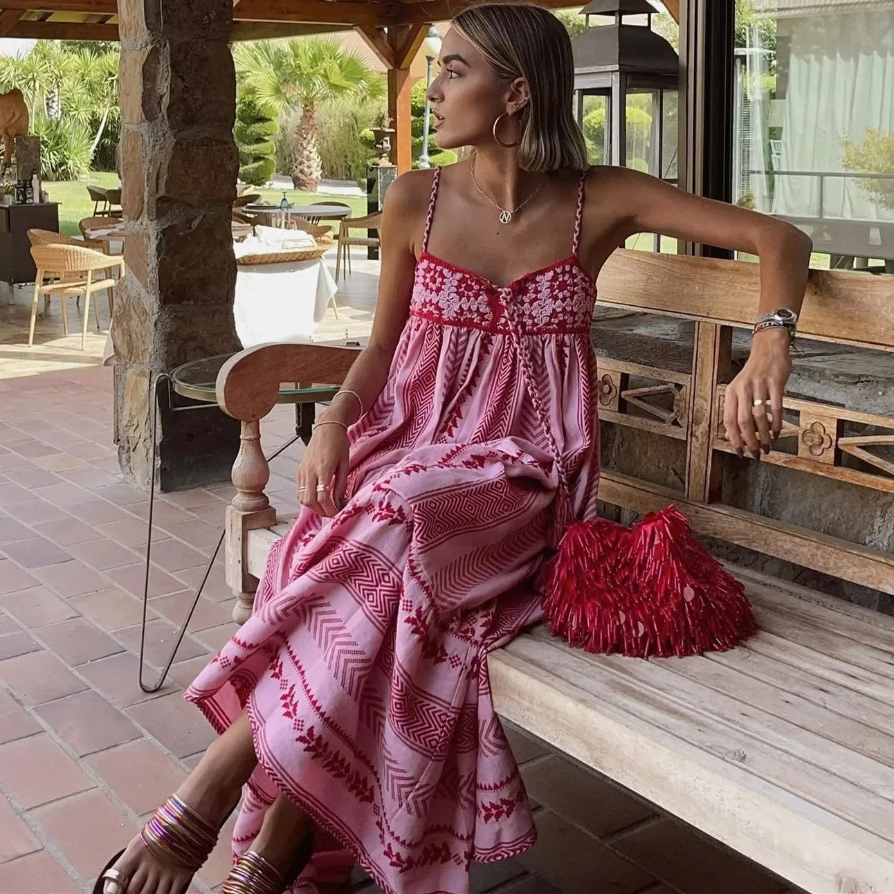 

BWQ Women Boho Spaghetti Strap Dresses Collarless Tassel Geometric Pattern Crochet Patchy Maxi Dress Summer Beach Dresses