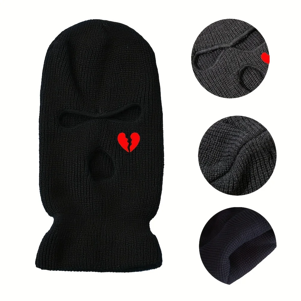 Unisex Winter Knit Hat Full Face Ski Mask Heart Embroidery Hat 3-Hole Hood, Warm Windproof Beanies Outdoor Sports Balaclava Hat