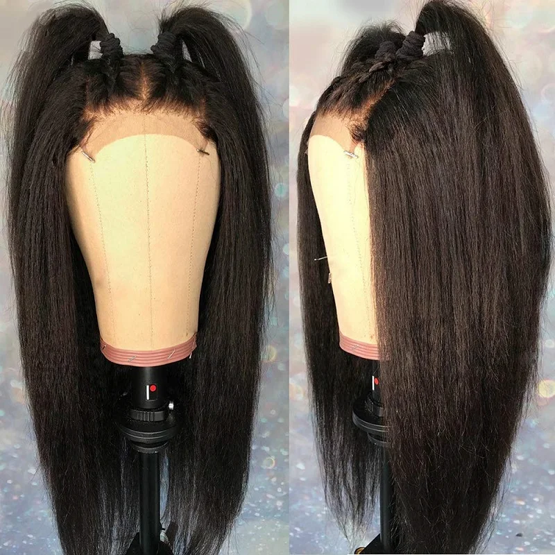 Long Natural Black Soft 28 inch 200% Density Yaki Kinky Straight Lace Front Wig For Women With Baby Hair Preplucked Glueless