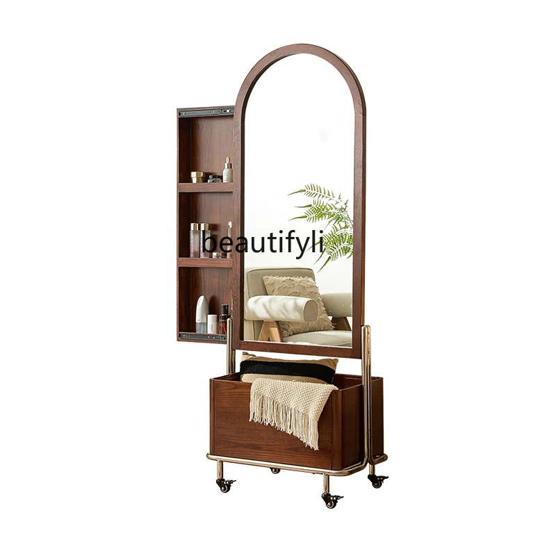 

Cream wind solid wood full-length mirror movable full-length mirror floor mirror with storage cabinet and hanger