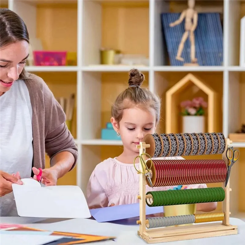 ABKD 4 Tiers Wooden Ribbon Rack Ribbon Spool Holder Storage Display Shelf Craft Ribbon Stand For Craft Room Ribbon Organizer