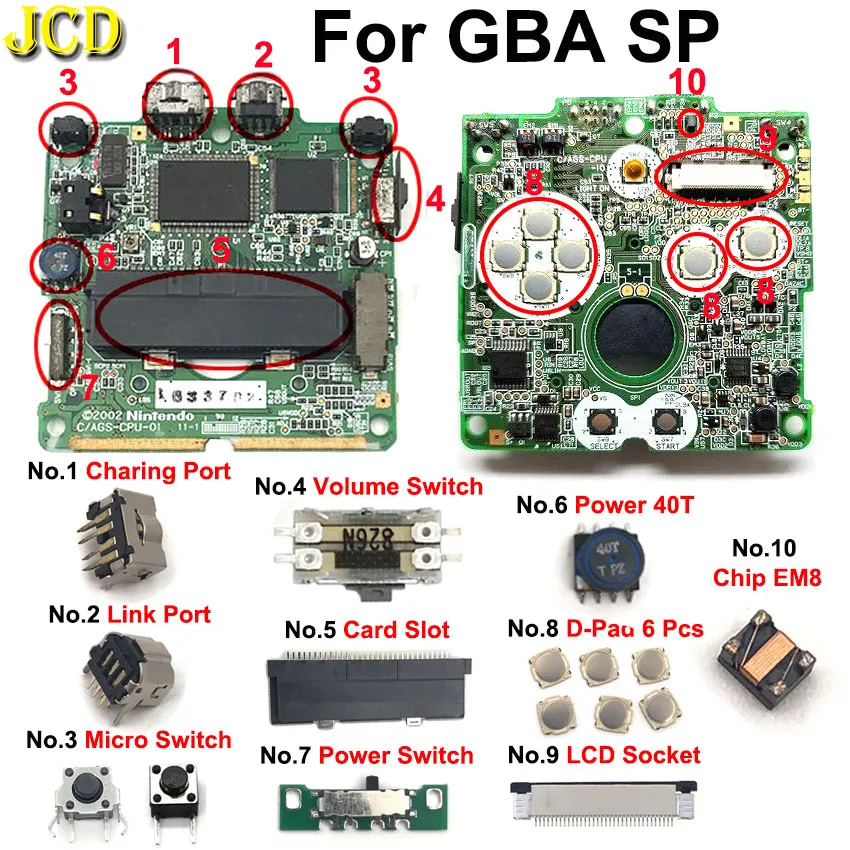 JCD Motherboard Micro Power Volume Switch D-Pad Button Speaker Card Slot Socket LCD Screen FPC Connector For GBA SP Game Console