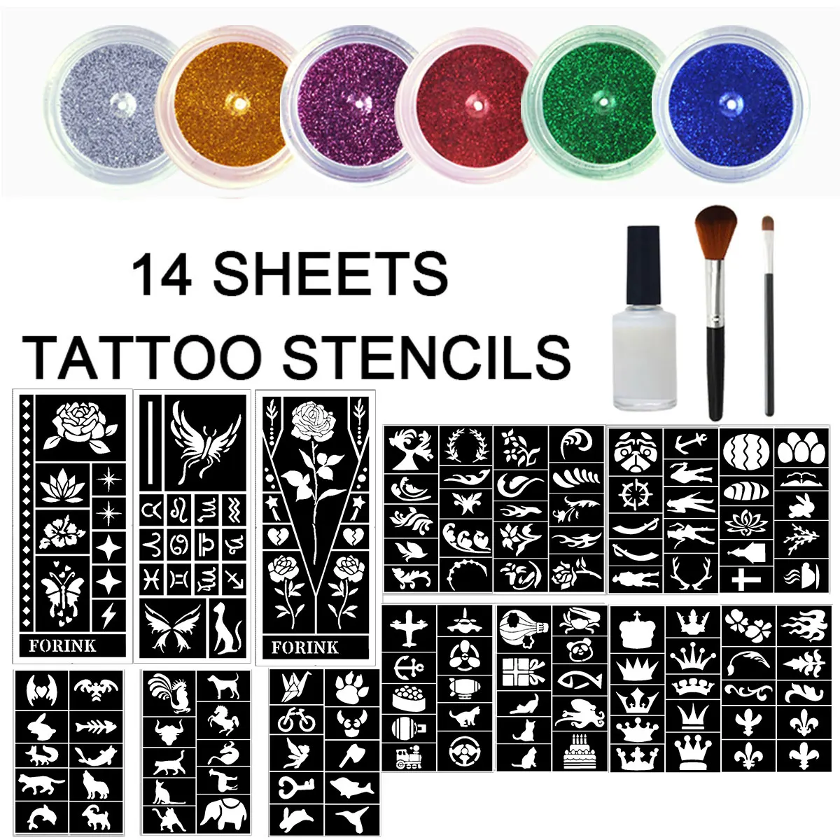 6 latas de polvo de brillo metálico multicolor de gran capacidad y 14 hojas de varios plantillas de plantilla, tatuajes de maquillaje temporal DIY a mano, con pegamento grande y juego de 2 brochas, para fiestas de arte de Halloween, viajes, Navidad, carnaval, cumpleaños