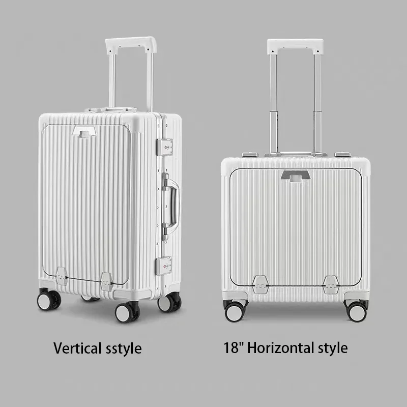 Valise à Ouverture Frontale, Cadre en Aluminium, Rotateur à Bagages, Porte-Gobelet USB, Support pour Téléphone, Style Fermeture Éclair, 20 Pouces