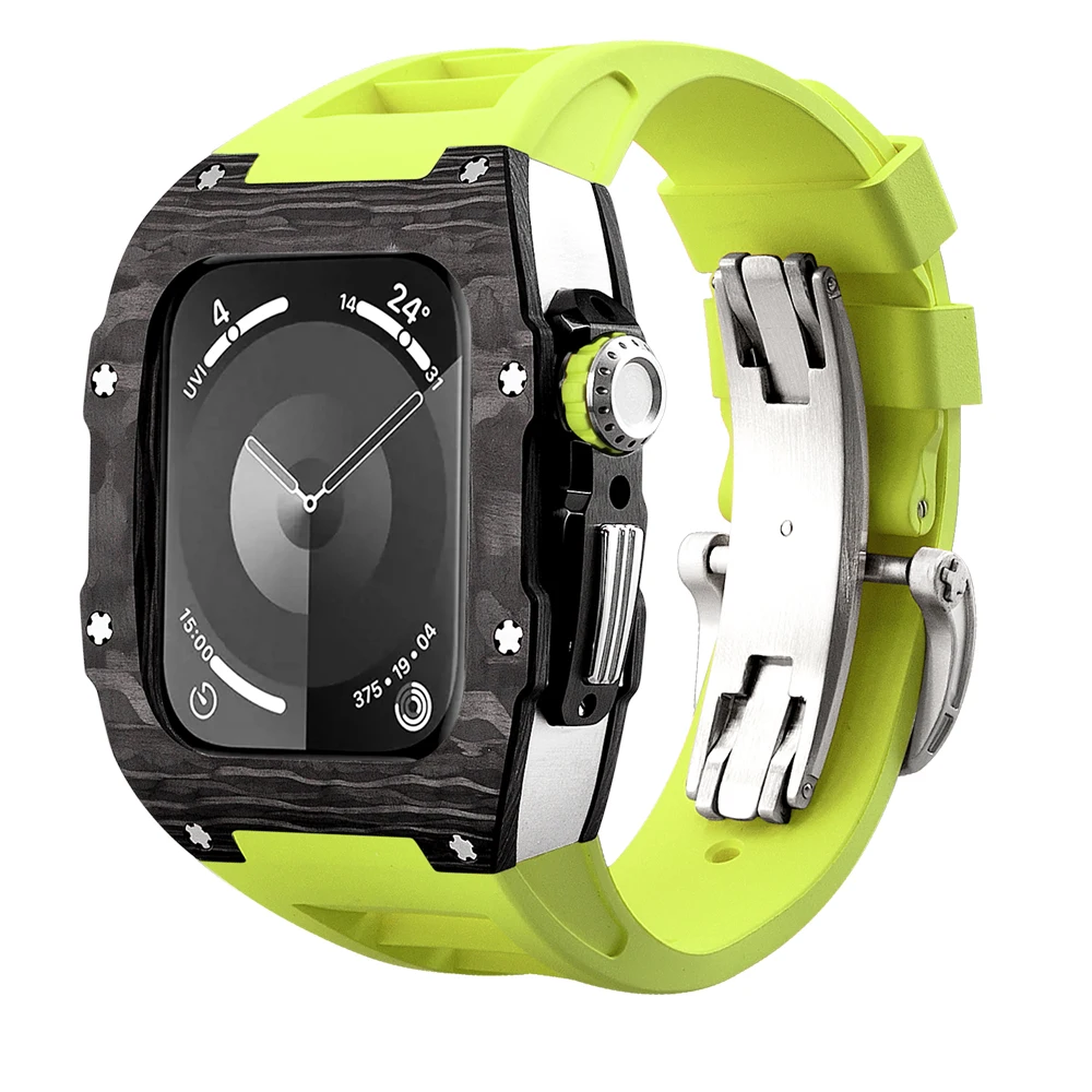 

Carbon Fiber Case For Apple WatchSE 9/8/7/6/5/4 44/45mm Modification Kit Mod Kit for apple watch Accessaries Green strap