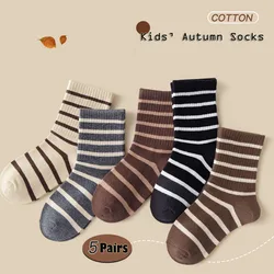 5 Pairs Boys Girls Socks Coffee Striped Cotton Socks Spring Autumn Sporty Socks Children's Letter Pattern Mid Calf Socks