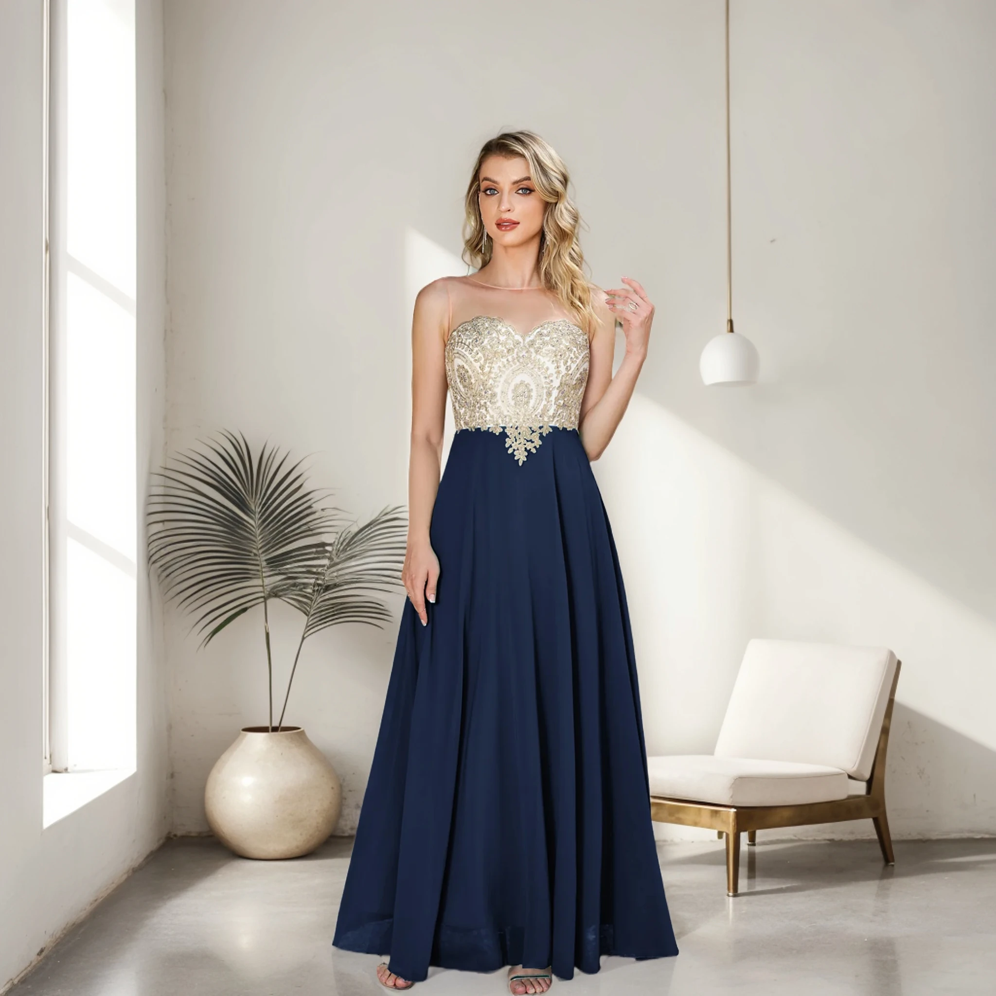

MisShow Christmas Sleeveless Sexy Illusion Evening Dresses Backless Sequins Appliques Prom Dress A-Line Floor-Length Party Gowns