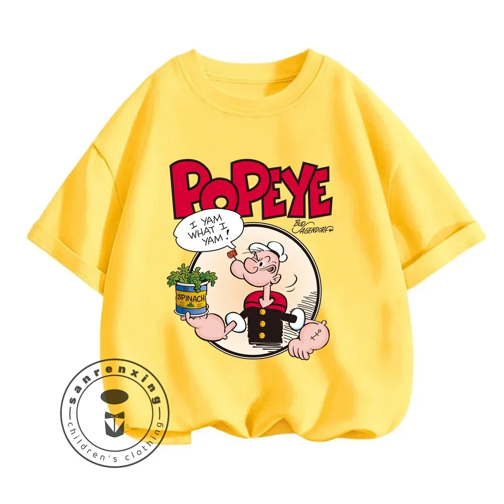 Summer Vibes with Solid Color Popeye the Sailor T-Shirts for Boys Girls Cute Kawaii Fashion That Brings Joy to Young Adventurers